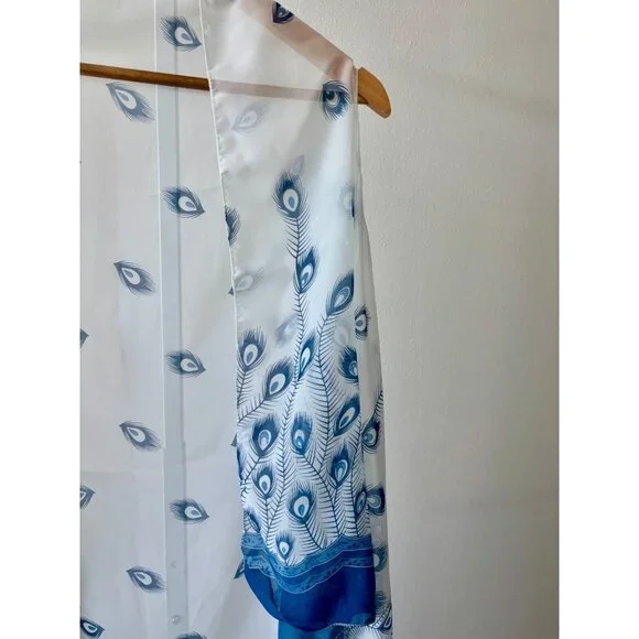 Sheer Cardigan OS Peacock Feather Print Sleeveless Boho Whimsical Beachy Coastal - Picture 3 of 11